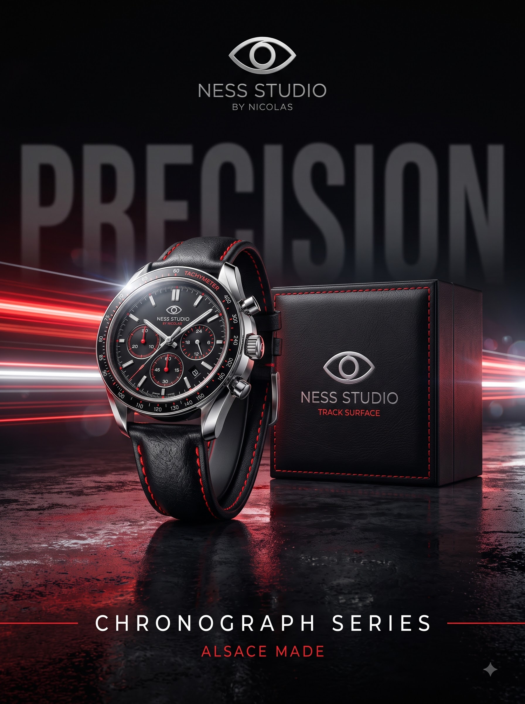 luxury product advertising image for a motorsport-inspired chronograph wristwatch in a dark studio